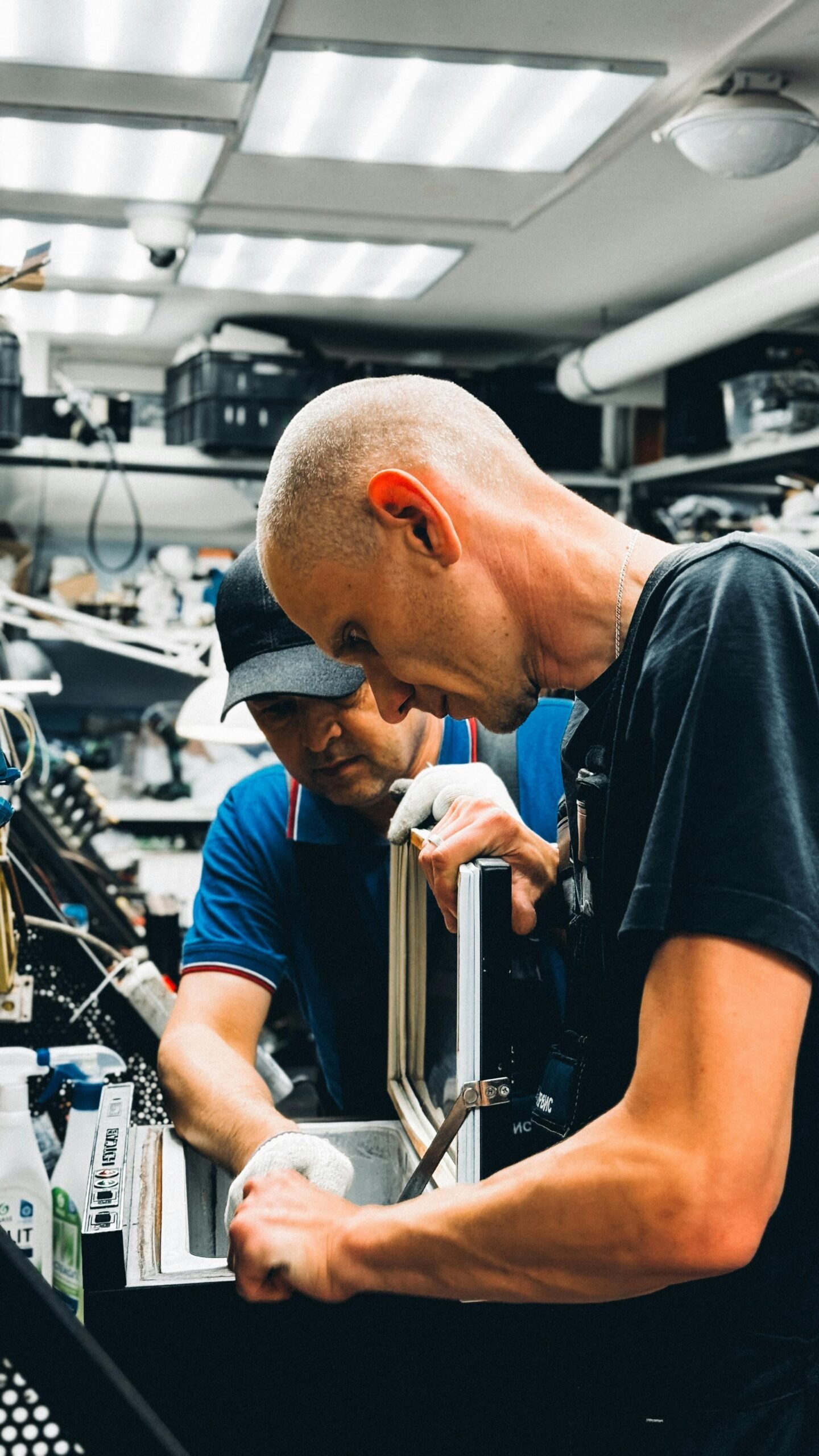Two male technicians working on electronic repair in a cluttered workshop.